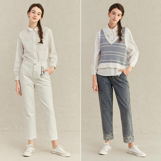 Famecoco范可儿白色直筒裤女士春秋时尚牛仔裤F221GA013 商品图4