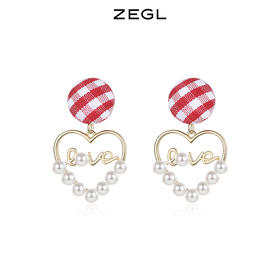 ZEGL红色爱心耳环女小众设计高级感人造珍珠耳钉925银针新年耳饰