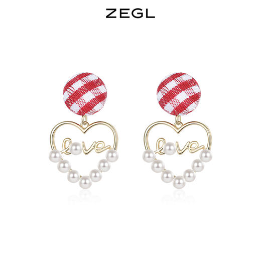 ZEGL红色爱心耳环女小众设计高级感人造珍珠耳钉925银针新年耳饰 商品图0