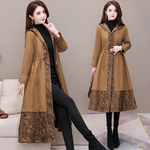 WE- OMS-SDB026 刺绣风衣外套女中长款2022春装新款修身收腰连帽大码气质优雅大衣 商品图4