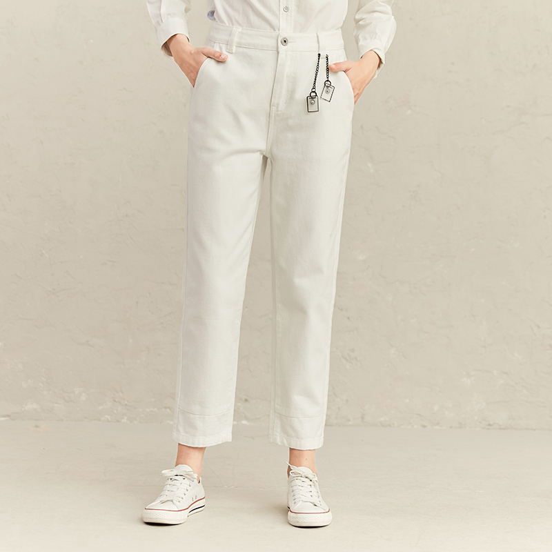 Famecoco范可儿白色直筒裤女士春秋时尚牛仔裤F221GA013