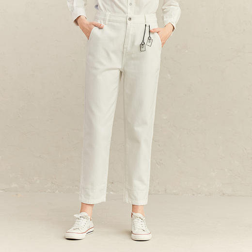 Famecoco范可儿白色直筒裤女士春秋时尚牛仔裤F221GA013 商品图0