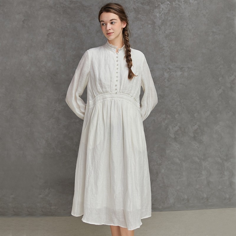 Famecoco范可儿宽松亚麻连衣裙女蕾丝拼接长裙F221FA002