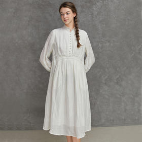 Famecoco范可儿宽松亚麻连衣裙女蕾丝拼接长裙F221FA002