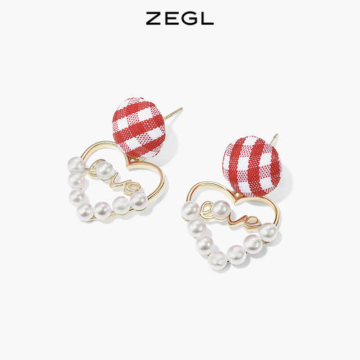 ZEGL红色爱心耳环女小众设计高级感人造珍珠耳钉925银针新年耳饰 商品图1
