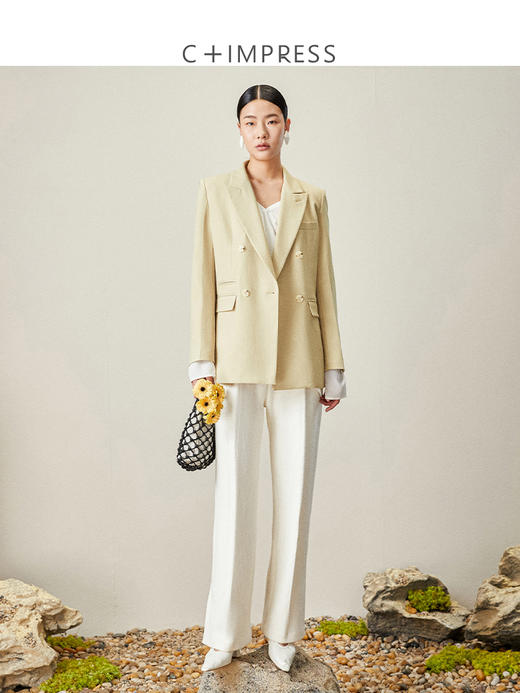 西嘉【日本Jin口天Ran麻感】高端小西装外套女双排扣宽松通勤气质西服 商品图1