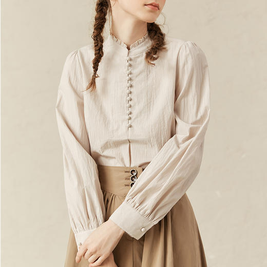 Famecoco范可儿泡泡袖纯棉衬衫女春季宽松甜美上衣F221BD009 商品图0