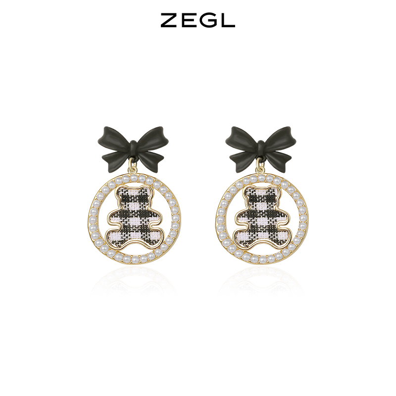 ZEGL蝴蝶结小熊耳环女小众设计感棋盘格耳钉银针复古赫本风耳饰品