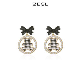 ZEGL蝴蝶结小熊耳环女小众设计感棋盘格耳钉银针复古赫本风耳饰品