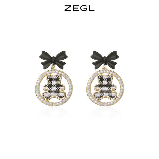 ZEGL蝴蝶结小熊耳环女小众设计感棋盘格耳钉银针复古赫本风耳饰品 商品图0