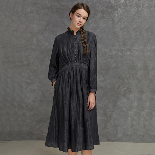 Famecoco范可儿宽松亚麻连衣裙女蕾丝拼接长裙F221FA002 商品图3