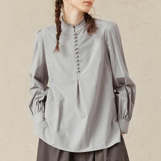 Famecoco范可儿泡泡袖纯棉衬衫女春季宽松甜美上衣F221BD009 商品图2