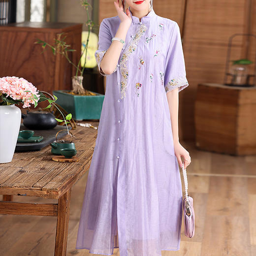 上海旗袍厂KDS-2238春夏女装宽松休闲文艺天丝刺绣禅意茶服连衣裙 商品图1