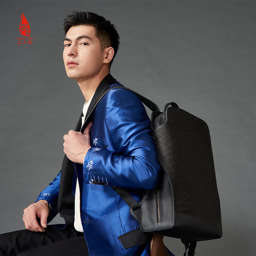 SAINTJOY/上久楷 宋锦双肩包 鳄鱼纹 黑色BMS21A0401 商品图4