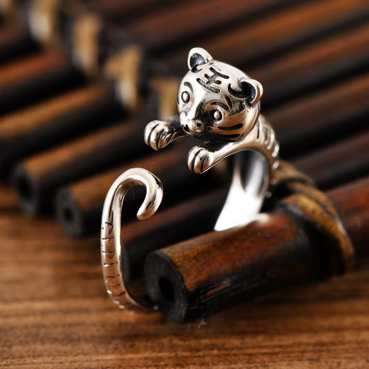 复古可爱本命年小老虎女戒指开口可调节生肖银指环 JYL065203 商品图0