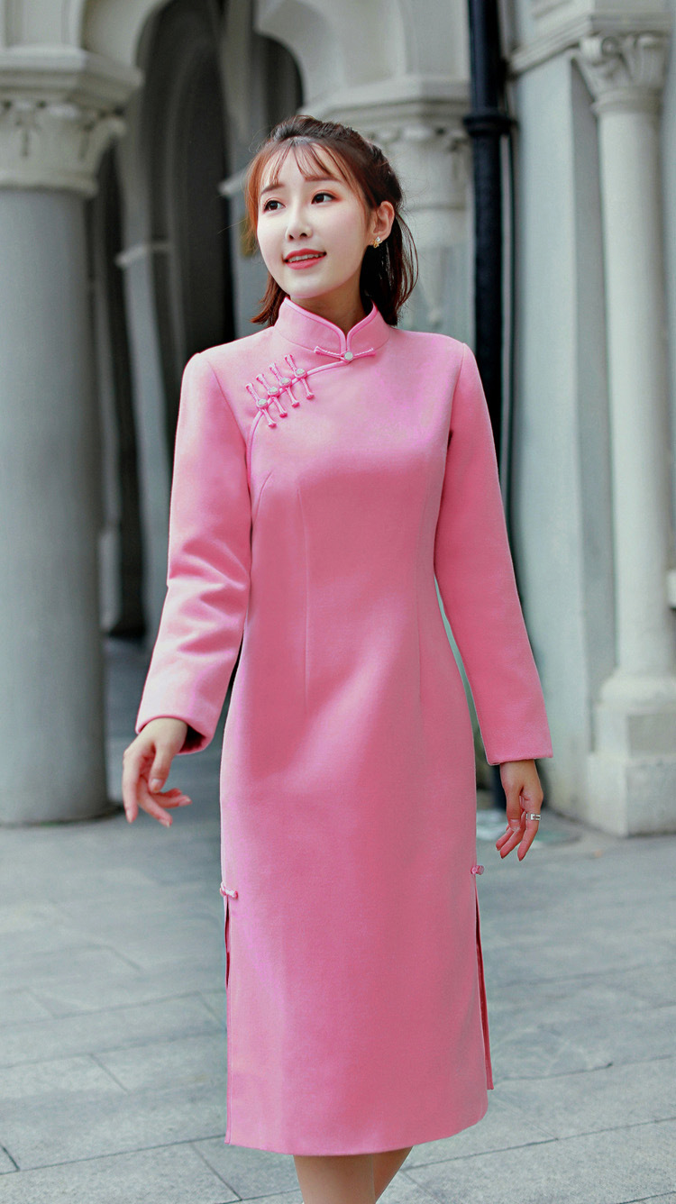 秋冬纯色长款复古旗袍裙改良时尚厚款长袖中式保暖中式修身旗袍【唐丝