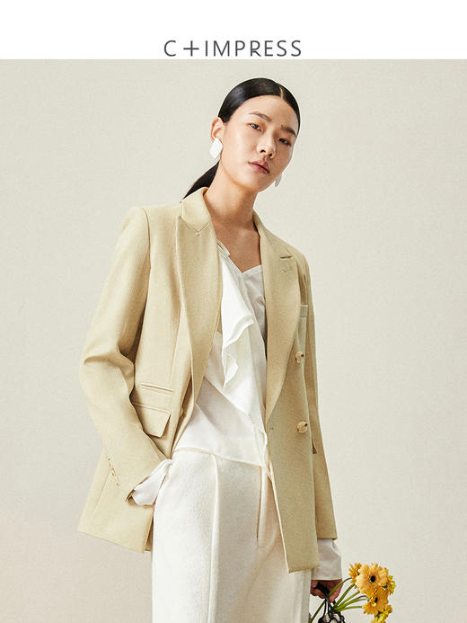 西嘉【日本Jin口天Ran麻感】高端小西装外套女双排扣宽松通勤气质西服 商品图0