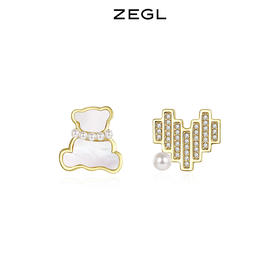 ZEGL设计师小熊爱心耳环女小众设计感耳钉925银针不对称复古耳饰