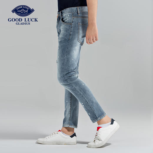 GOOD LUCK/德鲨棉质弹力破洞油漆点时尚小锥裤水洗牛仔裤FY17202-832 商品图1