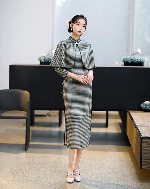 XL- 600 2021年七分袖长款两件套套装中老年款气质改良旗袍 商品图1