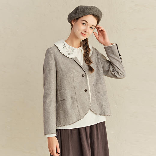 Famecoco范可儿休闲米色西装女式春秋款温柔棉麻西服F221AW001 商品图3