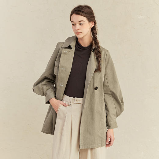 famecoco范可儿卡其中长风衣女春秋纯棉灯笼袖外套F221AA003 商品图2