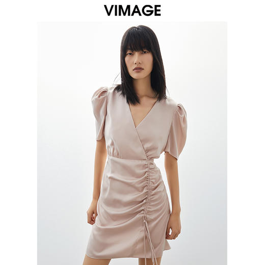 VIMAGE/纬漫纪春季新款法式气质V领泡泡袖抽绳连衣裙V1707315 商品图0