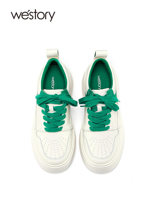 westory2022年春季新款真皮小白鞋厚底透气拼色时髦休闲鞋系带S22AM54611 商品图3