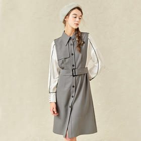 Famecoco范可儿长款假两件连衣裙春季气质收腰长裙F221FA019