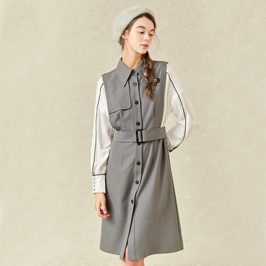 Famecoco范可儿长款假两件连衣裙春季气质收腰长裙F221FA019 商品图0