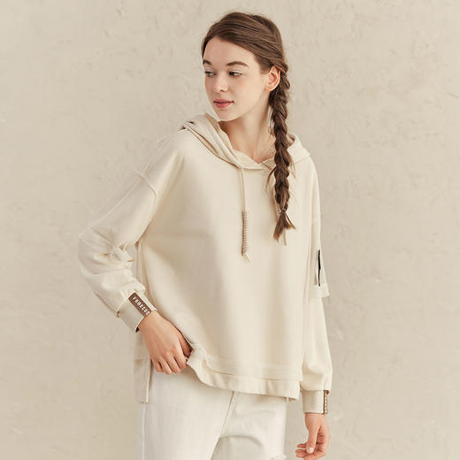 Famecoco范可儿白色连帽卫衣女款ins网纱拼接上衣F221BL008 商品图4