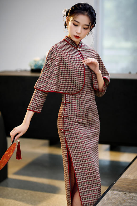 XL- 600 2021年七分袖长款两件套套装中老年款气质改良旗袍 商品图6