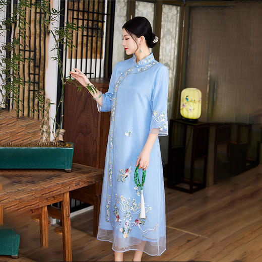 QZ2255 改良版旗袍春秋新款唐装女装中国风汉服宽松民族风茶服复古连衣裙 商品图2