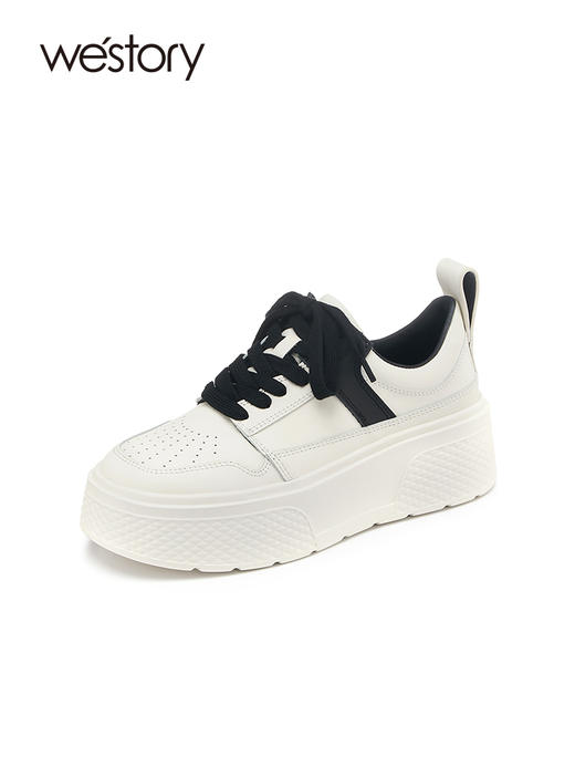 westory2022年春季新款真皮小白鞋厚底透气拼色时髦休闲鞋系带S22AM54611 商品图2