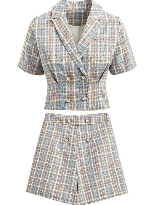 欧芮儿时尚套装秋2021年新款女西装袖织格衬衫+A字时尚短裤两件套 商品图3