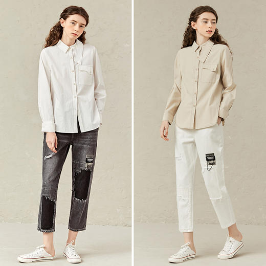 Famecoco范可儿时尚个性衬衫女白色不规则翻领衬衣F221BA023 商品图4