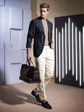 Stylbiella 羊毛蚕丝亚麻混织藏蓝棕超宽条纹全麻衬单西