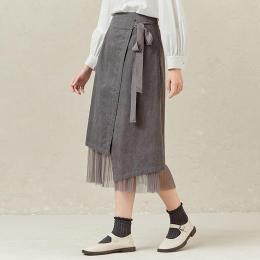 famecoco范可儿a字半裙女不规则半身裙下摆拼接网纱F221HA012 商品图1