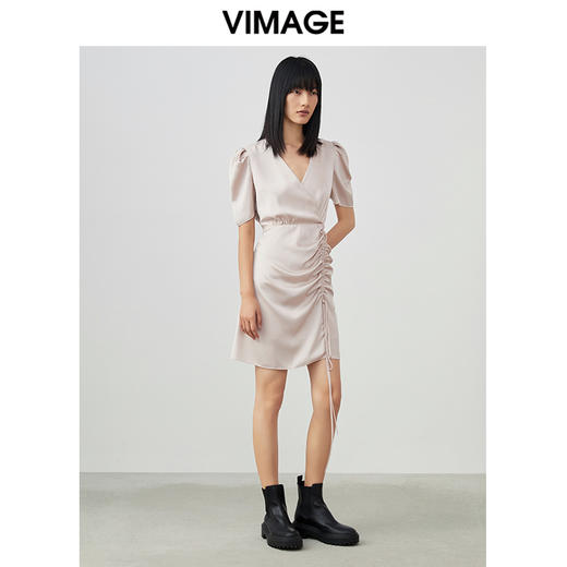 VIMAGE/纬漫纪春季新款法式气质V领泡泡袖抽绳连衣裙V1707315 商品图3