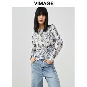 VIMAGE/纬漫纪春季新款时尚显瘦印花抽绳小上衣V1713309