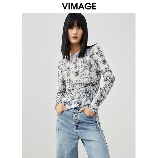 VIMAGE/纬漫纪春季新款时尚显瘦印花抽绳小上衣V1713309 商品图0
