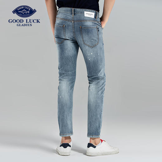GOOD LUCK/德鲨棉质弹力破洞油漆点时尚小锥裤水洗牛仔裤FY17202-832 商品图3