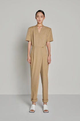 拼接压褶收腰长款连体裤