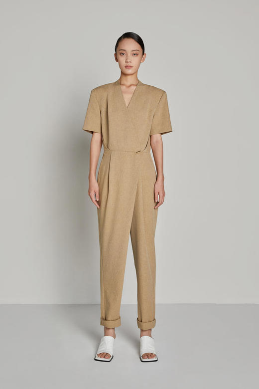 拼接压褶收腰长款连体裤 商品图0