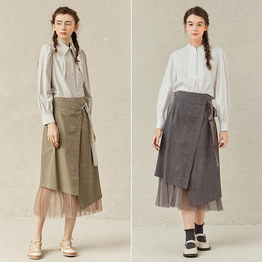 famecoco范可儿a字半裙女不规则半身裙下摆拼接网纱F221HA012 商品图4