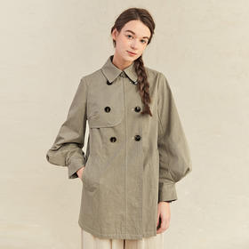 famecoco范可儿卡其中长风衣女春秋纯棉灯笼袖外套F221AA003