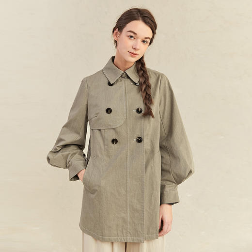 famecoco范可儿卡其中长风衣女春秋纯棉灯笼袖外套F221AA003 商品图0