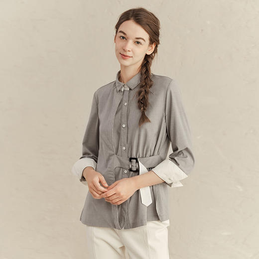 Famecoco范可儿别致收腰衬衫女式早春拼接衬衣F221BH006 商品图2