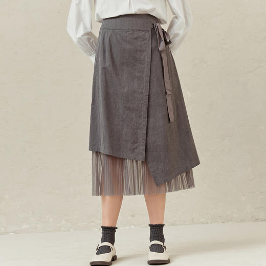 famecoco范可儿a字半裙女不规则半身裙下摆拼接网纱F221HA012 商品图0