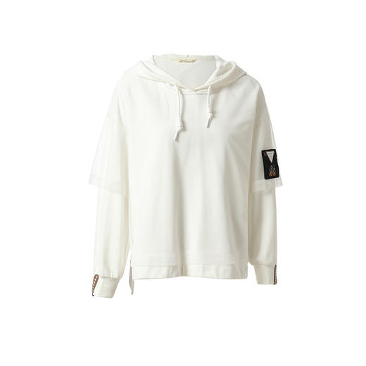 Famecoco范可儿白色连帽卫衣女款ins网纱拼接上衣F221BL008 商品图5